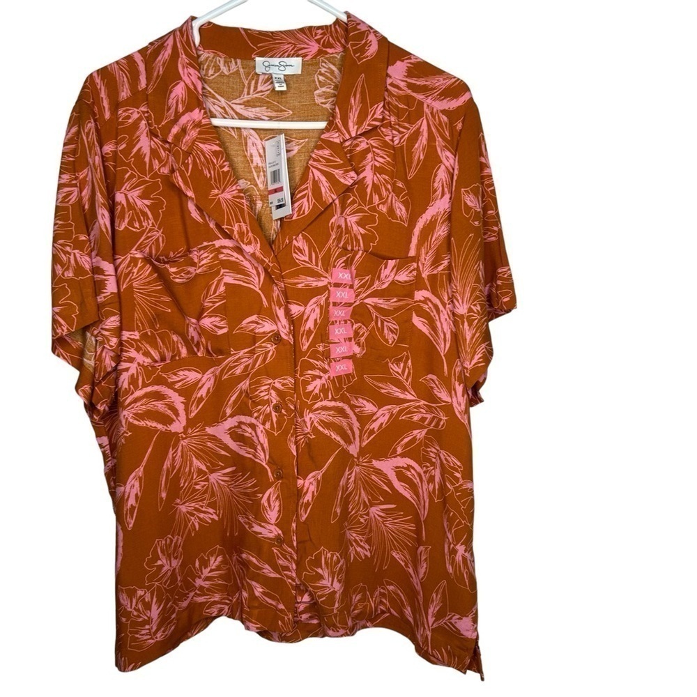 New Jessica Simpson Women’s Spring Tropic Floral Button Front Shirt XXL Orange